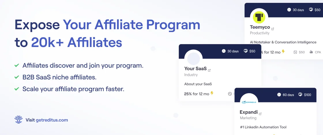 Reditus affiliate marketplace listing cards showing commission, cookie length and payout threshold