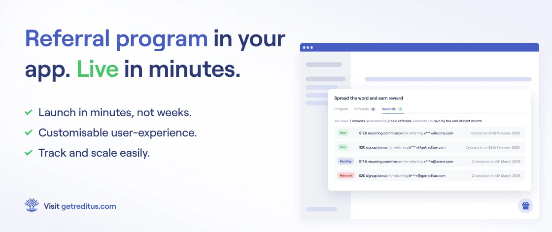 Reditus in-app referral widget showing a customer's referrals and rewards